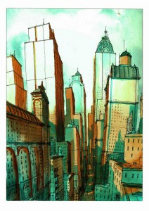 tekening aquarel stad